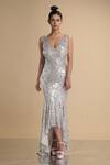 Buy_Kommal Sood_Silver Lycra Stretch Net Embroidered Sequins V Neck Sleeveless Gown  _at_Aza_Fashions