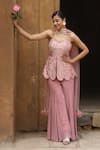 Nitisha Kashyap Official_Pink Georgette, Net, Silk Embroidery, Floral Jaal Peplum Kurta Sharara Set _Online_at_Aza_Fashions