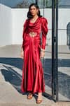 Buy_HOUSE OF FETT_Red Satin Embroidered Cutdana Cowl Neck Ruby Draped Gown _at_Aza_Fashions