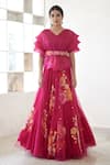 Buy_Mishru_Fuchsia Pouf Top: Organza Embroidered Danica Sheer And Lehenga Set For Women_at_Aza_Fashions