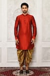 Buy_Arihant Rai Sinha_Brown Dupion Silk Geometric Panelled Pattern Cowl Pant _at_Aza_Fashions