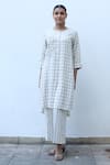 Buy_Linen Bloom_Beige 100% Linen Embroidery Thread Round Checkered Tunic _at_Aza_Fashions