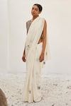 Buy_Kharakapas_Cream Mulmul Cotton Block Printed Striped Luna Saree With Wrap Blouse  _at_Aza_Fashions