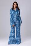 Buy_Tangerine Tiger_Blue Viscose Woven Abstract Metallic Boot Cut Pant _at_Aza_Fashions