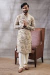 Buy_Soup By Sougat Paul_Beige Brocade, Silk Embroidery, Sequins Mehr Botanical Print Kurta Set _at_Aza_Fashions