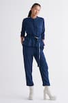 Buy_THREE_Blue Melange Band Collar Round Neck Top Pant Set _at_Aza_Fashions