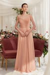 Buy_Zosia_Peach Luxury Chiffon Plain Sweetheart Neck Cass Andrea Ruched Gown _at_Aza_Fashions