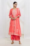 Buy_Samyukta Singhania_Pink Kurta Liva Floral Round Straight Long Sleeve Set _at_Aza_Fashions