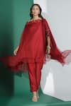 Buy_Seeaash_Red Organza Embroidered Sequin Beads One Layered Asymmetrical Cape And Pant Set _at_Aza_Fashions