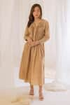 Buy_Vaani Beswal_Beige Handwoven Chanderi Silk Plain Mandarin Collar Pintuck Dress _at_Aza_Fashions