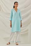 Buy_TIC_Blue Cotton Embroidered Chikankari V Solid Short Kurta With Lace Insert Palazzo _at_Aza_Fashions