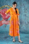 Buy_Kacha Tanka_Orange Cotton Satin Applique Floral V Neck Rose Dress _at_Aza_Fashions