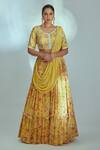 Buy_Suruchi Parakh_Yellow Georgette Woven Floral Print V Neck Tiered Draped Lehenga And Bouse Set _at_Aza_Fashions