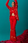 Buy_Latha Puttanna_Red Satin Organza Embroidered Rose Flared Pant _at_Aza_Fashions