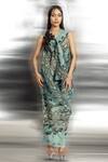 Buy_Abhishek Sharma_Green Polyester Embroidery V-neck Reef Print Front Cowl Dress _at_Aza_Fashions