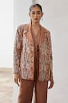 Buy_Betrue_Brown Twill Silk Embroidered Floral Lapel Collar Jacket  _at_Aza_Fashions