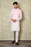 Buy_Aryavir Malhotra_Pink Silk Blend Embroidered Chikankari Geometric Work Bundi And White Kurta Set _at_Aza_Fashions