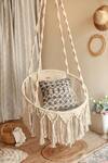 Shop_Karighar_Off White Metal Frame And Natural Cotton Cord Woven Boho Hammock Chair _at_Aza_Fashions