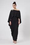 Buy_Aakaar_Black Moss Crepe Plain Crystal One Shoulder Noir Cape Gown _at_Aza_Fashions