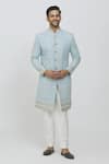Buy_Priti Sahni_Blue Georgette, Cotton, Silk Sequins, Embroidery Thread And Sherwani Set _at_Aza_Fashions