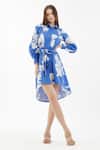 Buy_KoAi_Blue Poplin Cotton Floral Shirt Collar Pattern Dress _at_Aza_Fashions