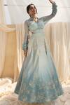 Buy_Megha Bansal_Blue Organza, Chanderi Floral, Gulmohar Fiha Lehenga Blouse Set_at_Aza_Fashions