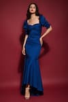 Buy_Labelamoda_Blue Cotton Satin Plain Sweetheart French Knot Draped Asymmetric Gown  _at_Aza_Fashions