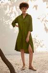 Buy_Kharakapas_Green Cotton Poplin Hand Embroidered Spring Solid Shirt Dress  _at_Aza_Fashions