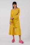 Buy_Tussah by Siddhi Shah_Yellow Cotton Threadwork Round Front Flap Tunic With Culottes  _at_Aza_Fashions