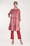 Buy_Pooja Bagaria_Red Velour, Crepe Embroidery Round Neck Floral Print Kurta And Pant Set _at_Aza_Fashions