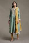 Buy_Ritu Kumar_Green Kurta Handloom Cotton Chanderi Embroidered Floral V Neck Set _at_Aza_Fashions