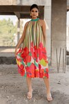 Buy_Pooja-Keyur_Multi Color Voil Silk Print Stripe Round Collar And Floral Dress _at_Aza_Fashions
