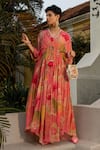 Buy_Paulmi and Harsh_Multi Color Georgette Hint Of Blush Printed Kaftan_at_Aza_Fashions