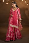 Buy_Glittire by Sakshi Verma_Pink Silk Velvet Embroidery Dabka Leaf Neck Kurta Gharara Set  _at_Aza_Fashions