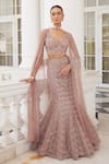 Buy_Charu and Vasundhara_Pink Net Embroidery Sequin Cape Open Siona Scallop Fish Cut Lehenga Set _at_Aza_Fashions