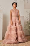 Buy_Merge Design_Pink Organza, Crepe Fringe, Embroidery Chain Frill Gown _at_Aza_Fashions