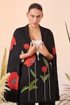 Buy_Shahin Mannan_Black Double Crepe Poppy Notched Collar Long Cape _at_Aza_Fashions