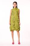Buy_Scarlet Sage_Green Polyester High Neck Mona 3d Structured Sleeveless Dress_at_Aza_Fashions