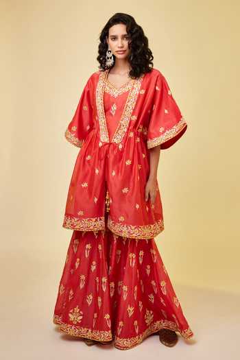Buy_Shyam Narayan Prasad_Orange Chanderi Silk Embroidery, Gota Patti Open Neck Angrakha And Sharara Set _at_Aza_Fashions