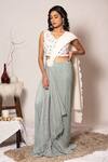 Buy_Vanshika Agarwal Label_White Bamboo, Taffeta, Silk Embroidery V-neck Ice Blue Pre-stitched Saree Set _at_Aza_Fashions