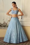 Buy_Sanjana Reddy Designs_Blue Falling Raw Silk Floral, Sequin Sweetheart Embroidered Lehenga And Blouse Set_at_Aza_Fashions