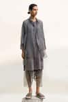 Buy_Urvashi Kaur_Grey Linen Embroidery Collared Terra Block Print Shirt _at_Aza_Fashions