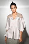 Buy_Rohit Gandhi + Rahul Khanna_Silver Satin Embroidery Bead V Neck Peplum Top _at_Aza_Fashions