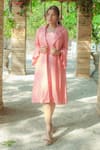 Buy_Monk & Mei_Peach Georgette Embroidered Sequin Dress Round Jacket And Set _at_Aza_Fashions