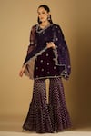 Buy_Monk & Mei_Purple Kurta Velvet Embroidered Floral Zari Work U Neck Cyra Sharara Set _at_Aza_Fashions