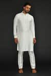 Buy_SAMMOHAN CEREMONIAL_White Silk Cotton Woven Herringbone Pattern Band Collar Kurta Set _at_Aza_Fashions