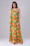 Buy_Tangerine Tiger_Orange 100% Rayon Crepe Lotus Asymmetric Print One Shoulder Dress _at_Aza_Fashions