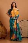 Buy_Garo_Blue Silk Muslin Printed Floral Asymmetric Top And Draped Skirt Set _at_Aza_Fashions