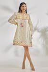 Buy_Gopi Vaid_Ivory Organic Cotton Embroidery Thread Round Shehnaz Mirror And Dress  _at_Aza_Fashions