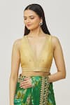 Buy_Samyukta Singhania_Gold Mulberry Silk Embroidered Thread Plunge V Neck Metallic Blouse_at_Aza_Fashions